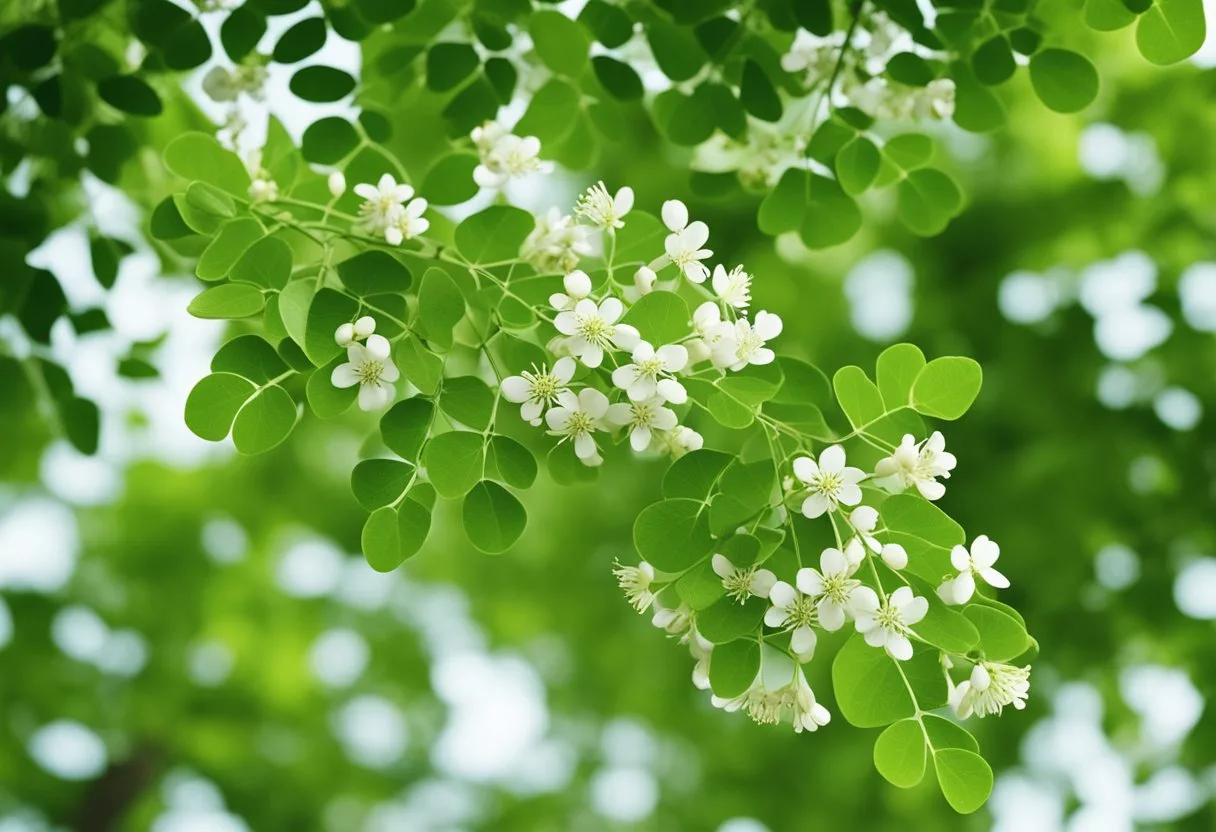Lush moringa trees with vibrant green leaves, blooming with delicate white flowers. Bees buzzing around, collecting nectar. Fruits and seeds hanging from the branches
