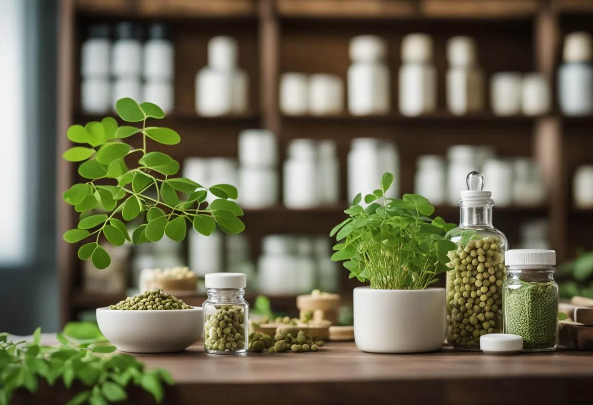 A vibrant moringa tree stands tall, surrounded by traditional herbs and modern medicine bottles, symbolizing its dual role in healthcare