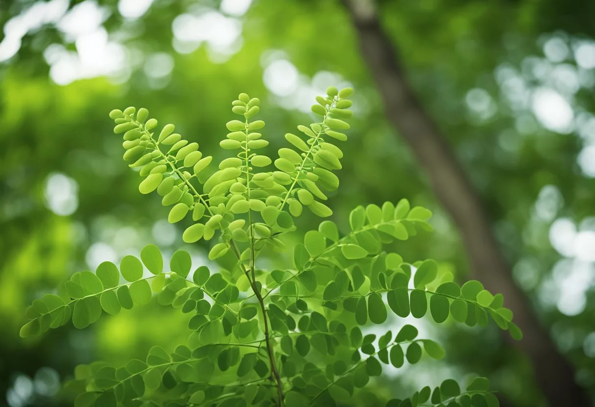 A lush green moringa tree stands tall, with vibrant leaves and long seed pods. A label lists its potential side effects and safety benefits