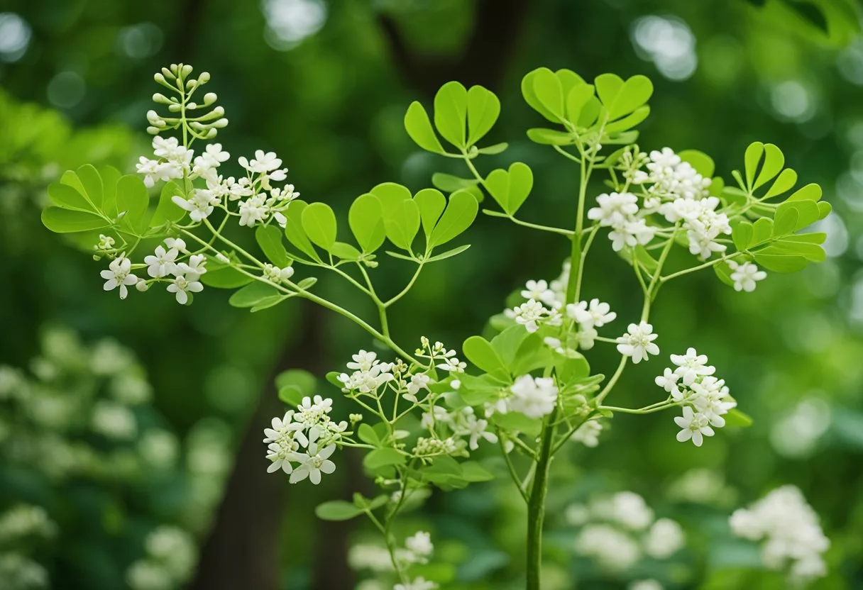 A vibrant moringa tree stands tall, surrounded by lush green leaves and delicate white flowers. Its branches are heavy with nutrient-rich pods, exuding a sense of vitality and health