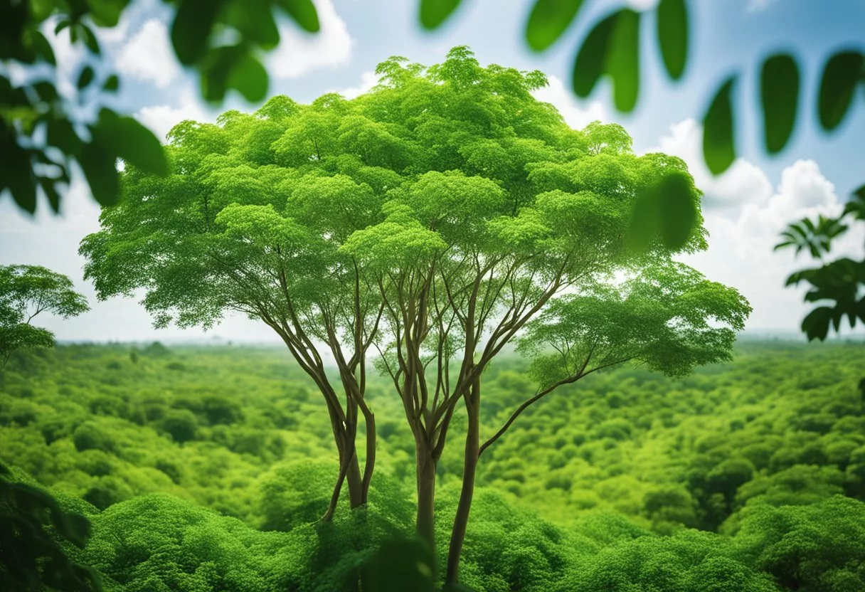 Lush moringa trees towering over a diverse landscape, providing sustenance and healing to communities worldwide