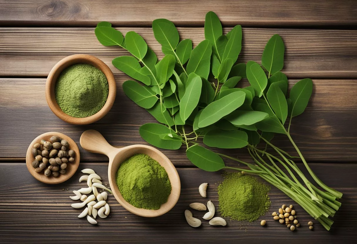 Fresh green moringa leaves and pods spread out on a wooden table, with a variety of fruits and vegetables in the background. A nutrition label with "Nutritional Profile of Moringa" is prominently displayed