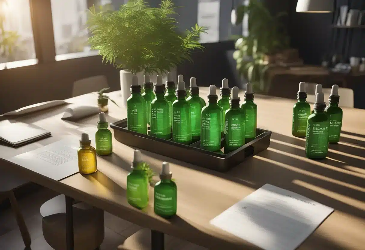 A table with bottles of CBD oil, a list of FAQs, and a person reading it