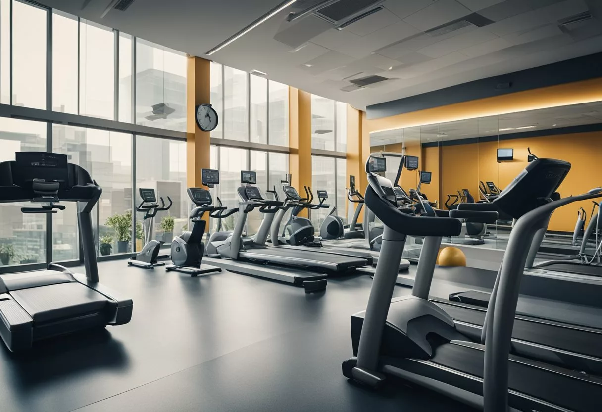 A gym with various cardio machines arranged in a spacious, well-lit room. Signs displaying safety and best practices guidelines are prominently placed throughout the area