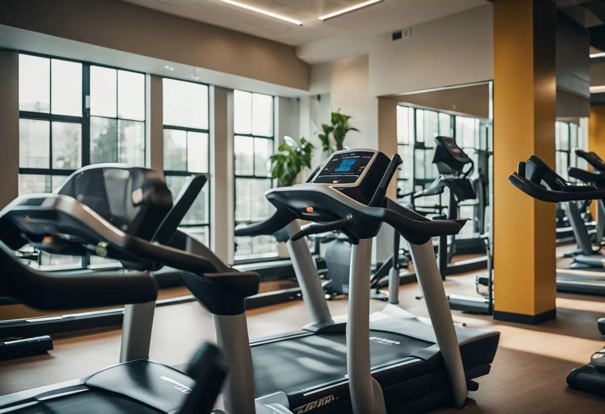 A treadmill set at an incline, a stationary bike, and a rowing machine in a well-lit gym with motivational posters on the walls