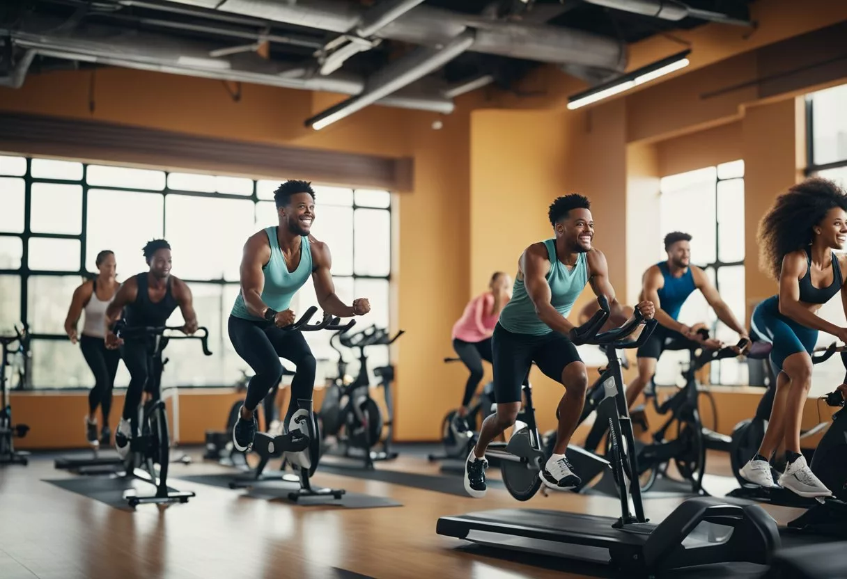 A diverse group of people engage in various cardiovascular exercises such as running, cycling, swimming, and jumping rope in a vibrant and energetic gym setting