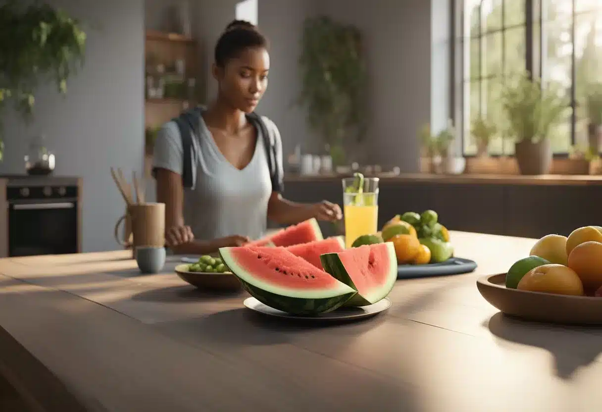 A table with a sliced watermelon, surrounded by fresh fruits and vegetables, a glass of water, and a person exercising in the background