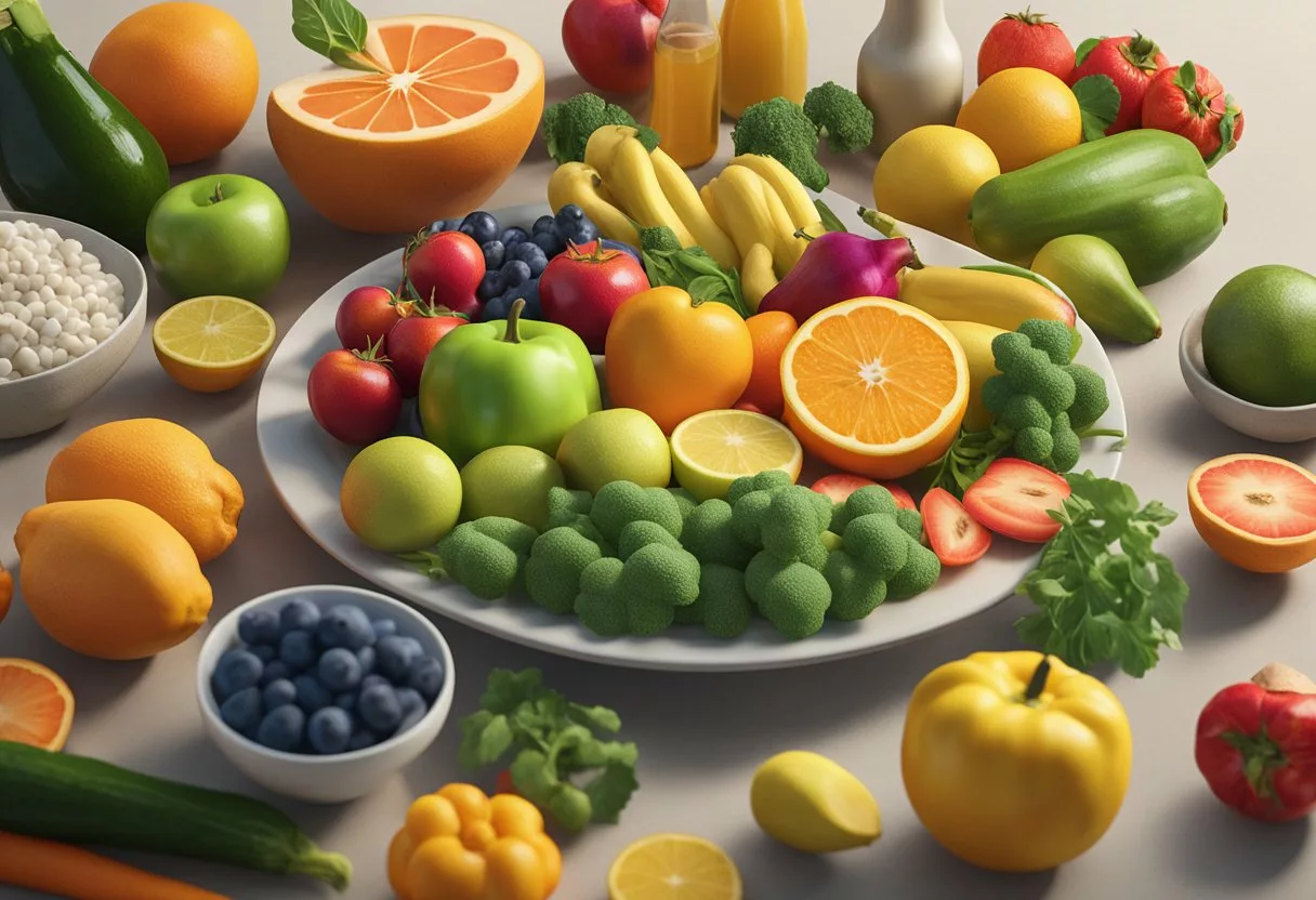 A vibrant, colorful plate of fresh fruits and vegetables, with a bottle of RYZE prominently displayed, surrounded by symbols of gut health and wellness