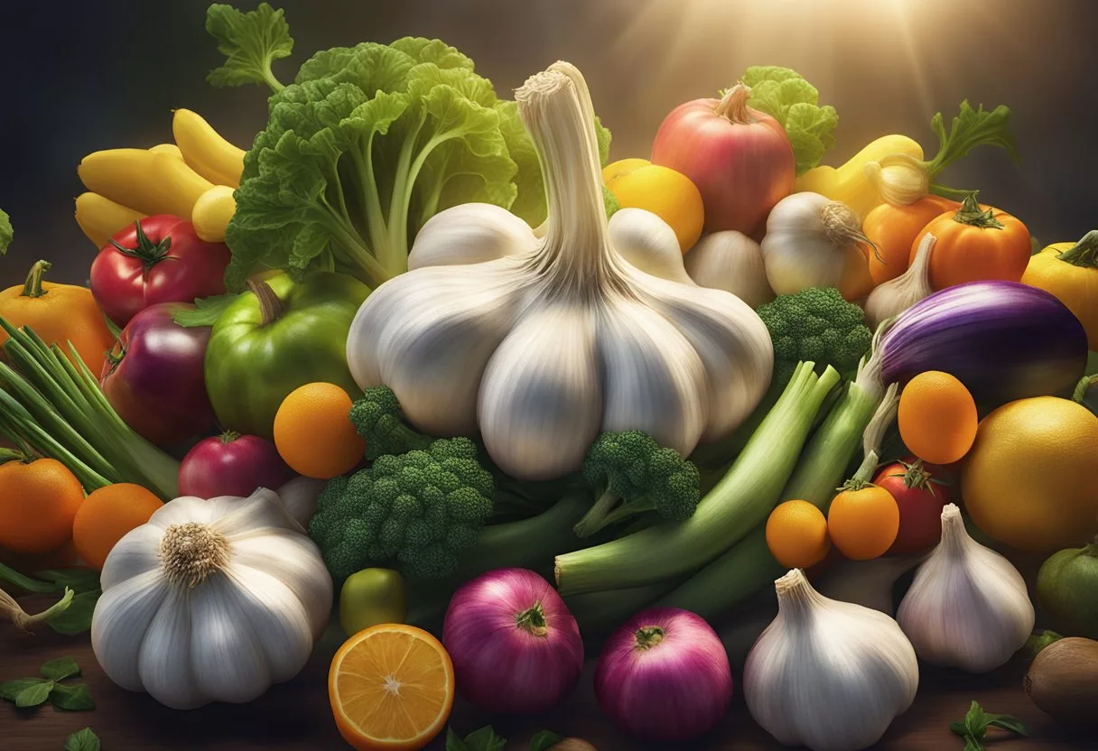 A vibrant illustration of garlic surrounded by various fruits and vegetables, with a glowing halo to symbolize its role in chronic disease prevention