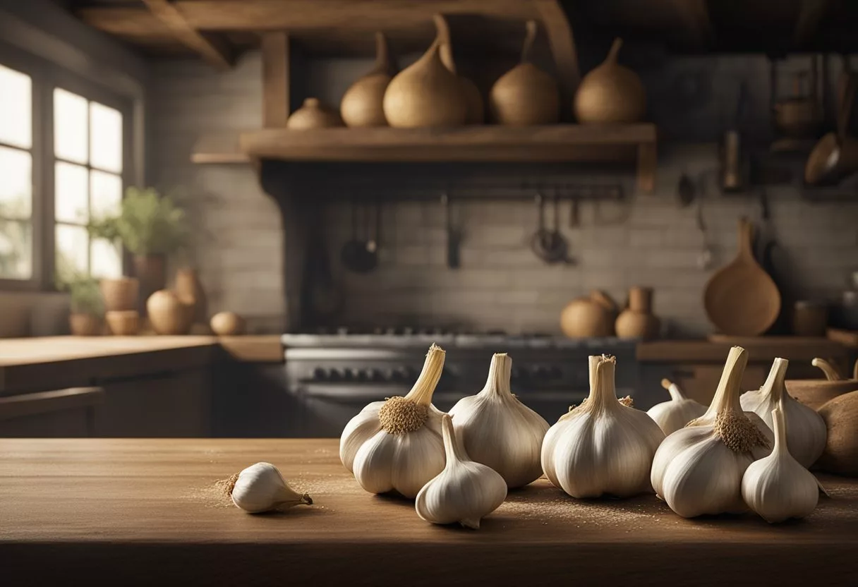 Garlic bulbs and cloves arranged in a rustic kitchen setting with a soft natural light, showcasing their texture and earthy colors