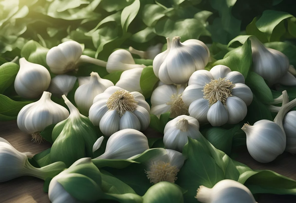 A pile of fresh garlic bulbs surrounded by vibrant green leaves and delicate white flowers