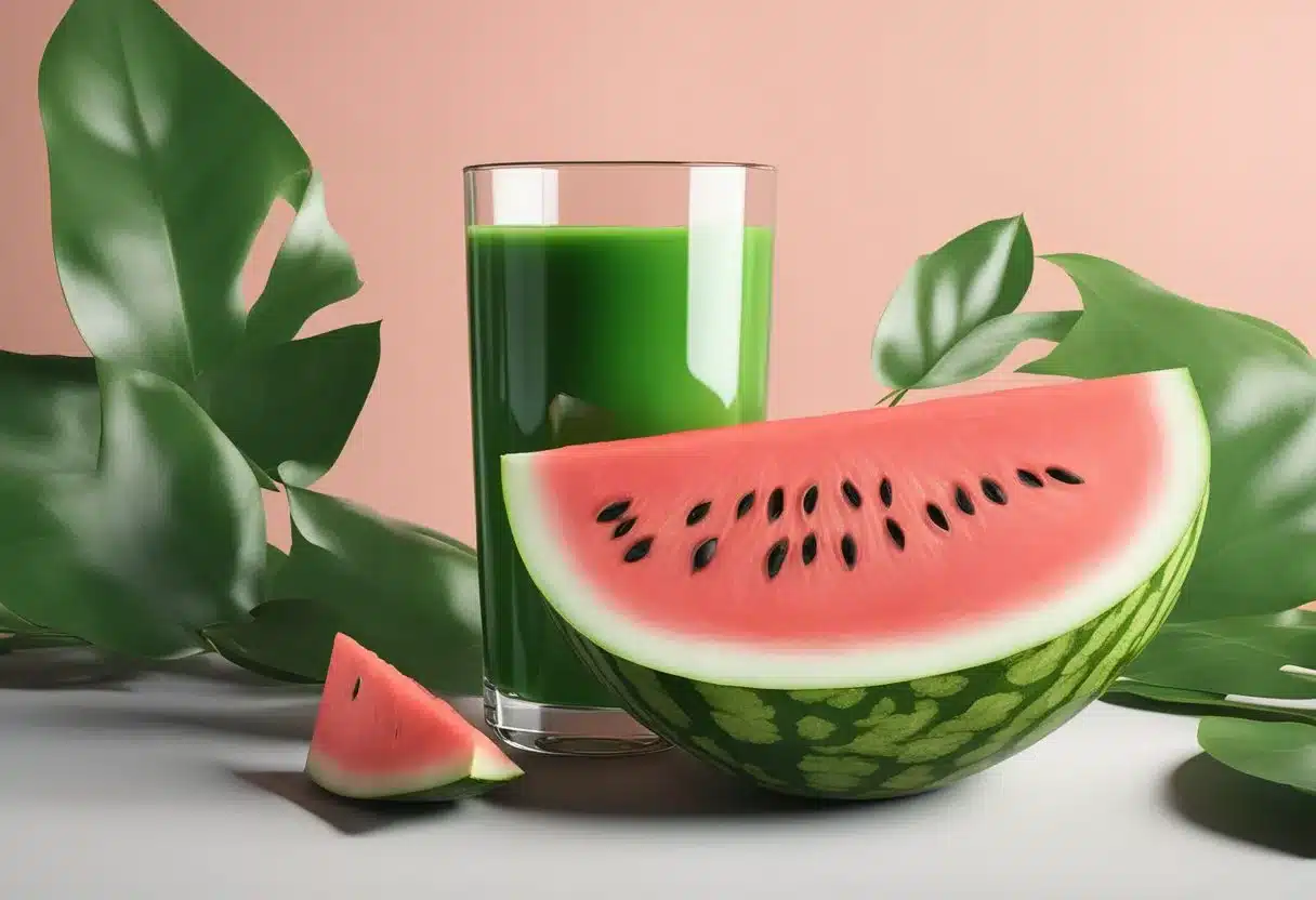 A juicy watermelon slice surrounded by fresh green leaves and a glass of watermelon juice