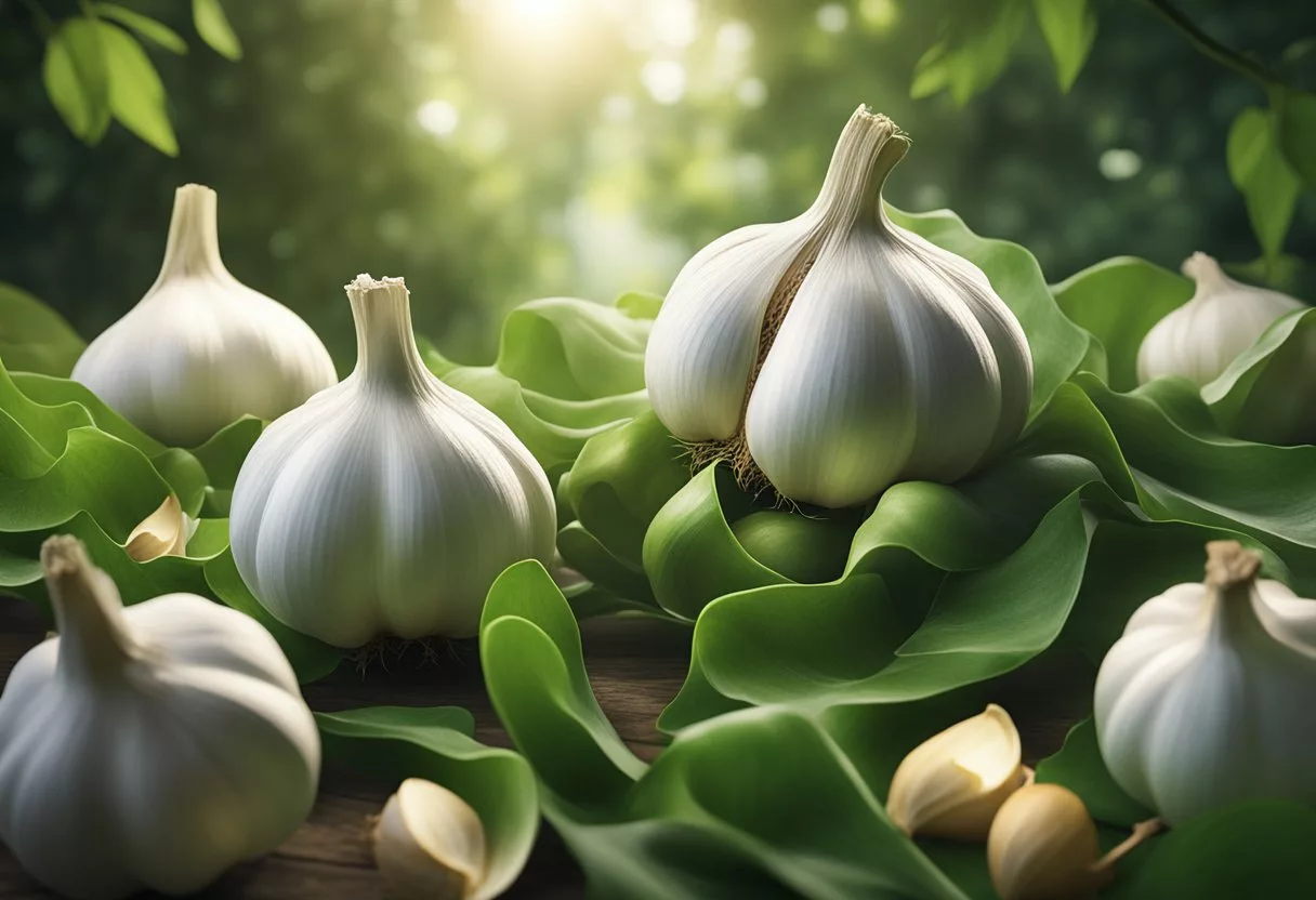 Garlic bulbs and cloves surrounded by vibrant green leaves, with a soft glow emanating from the center, evoking a sense of vitality and health benefits