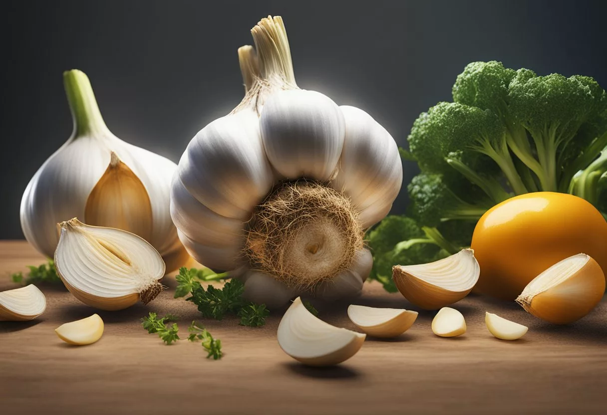 A vibrant garlic bulb surrounded by nutrient-rich foods, radiating energy and health benefits