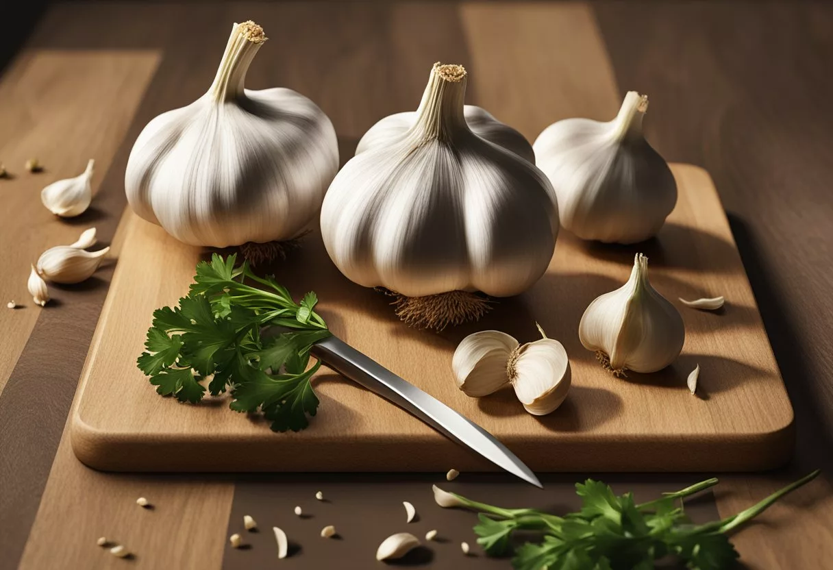 Garlic bulbs and cloves arranged on a wooden cutting board with a knife beside them, surrounded by scattered garlic skins and a few sprigs of fresh parsley