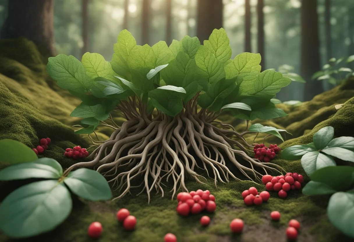 A cluster of ginseng roots and leaves, surrounded by small red berries, set against a natural backdrop of forest foliage and earthy tones