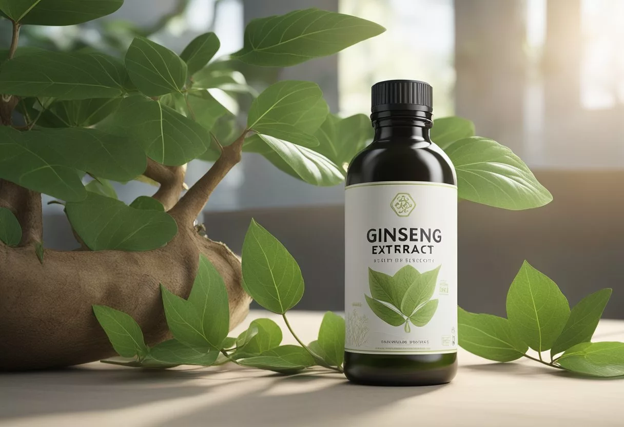 A bottle of ginseng extract with a label listing its benefits and potential side effects, surrounded by natural elements like leaves and roots