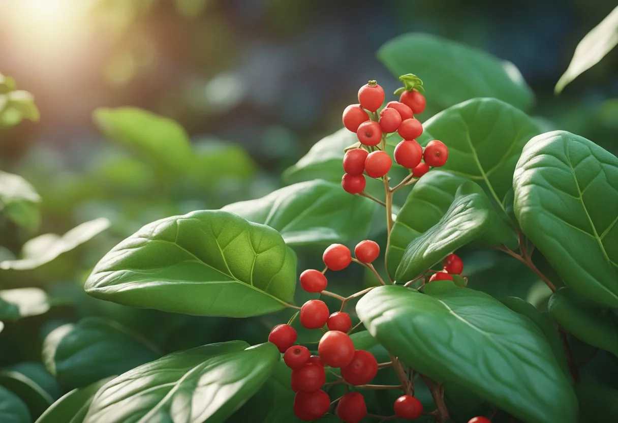 A vibrant ginseng plant surrounded by small, vibrant green leaves and bright red berries, with a serene and peaceful backdrop