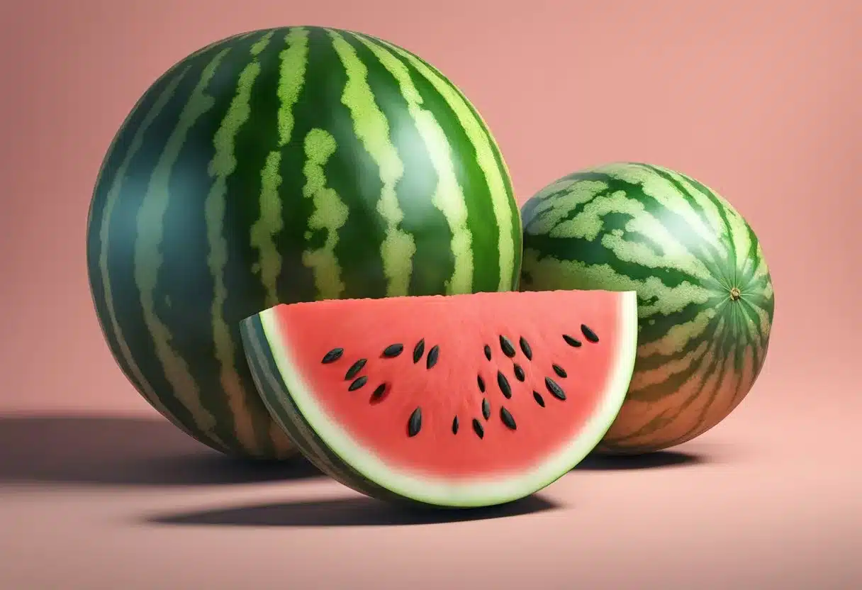 A juicy watermelon with vibrant red flesh and dark green rind, surrounded by slices and seeds. A pair of bright, healthy-looking eyes and clear, glowing skin nearby