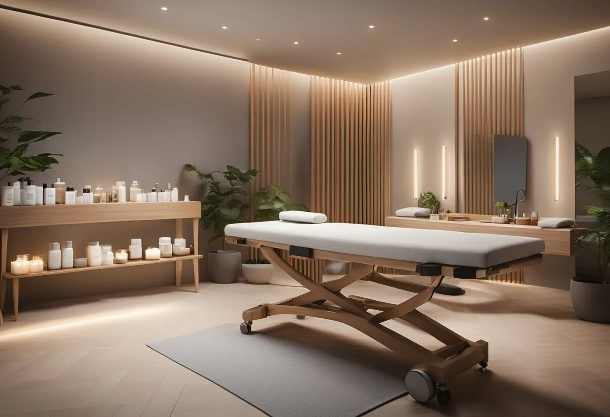 A serene spa room with a clean, organized workstation. A tray of microneedling tools and skincare products sits nearby. Soft lighting creates a calming ambiance