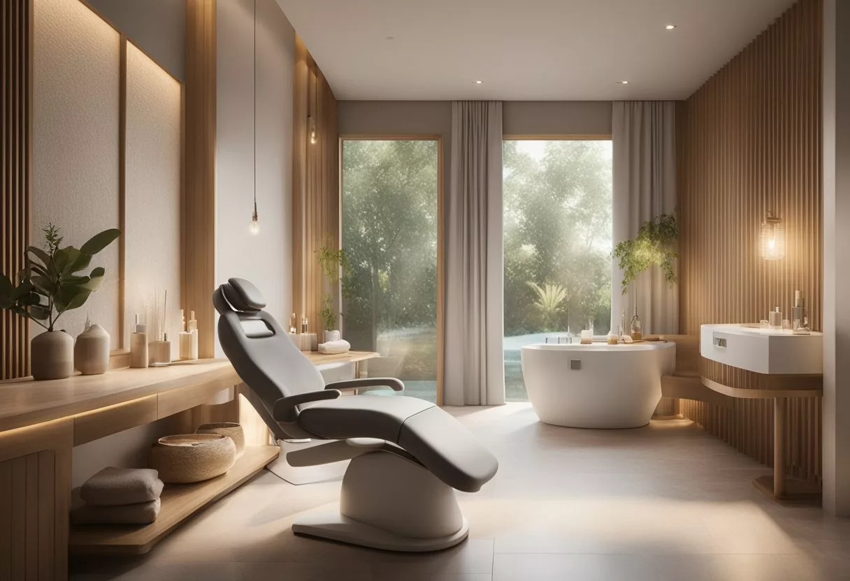 A serene spa room with a professional microneedling device, skincare products, and a comfortable treatment chair