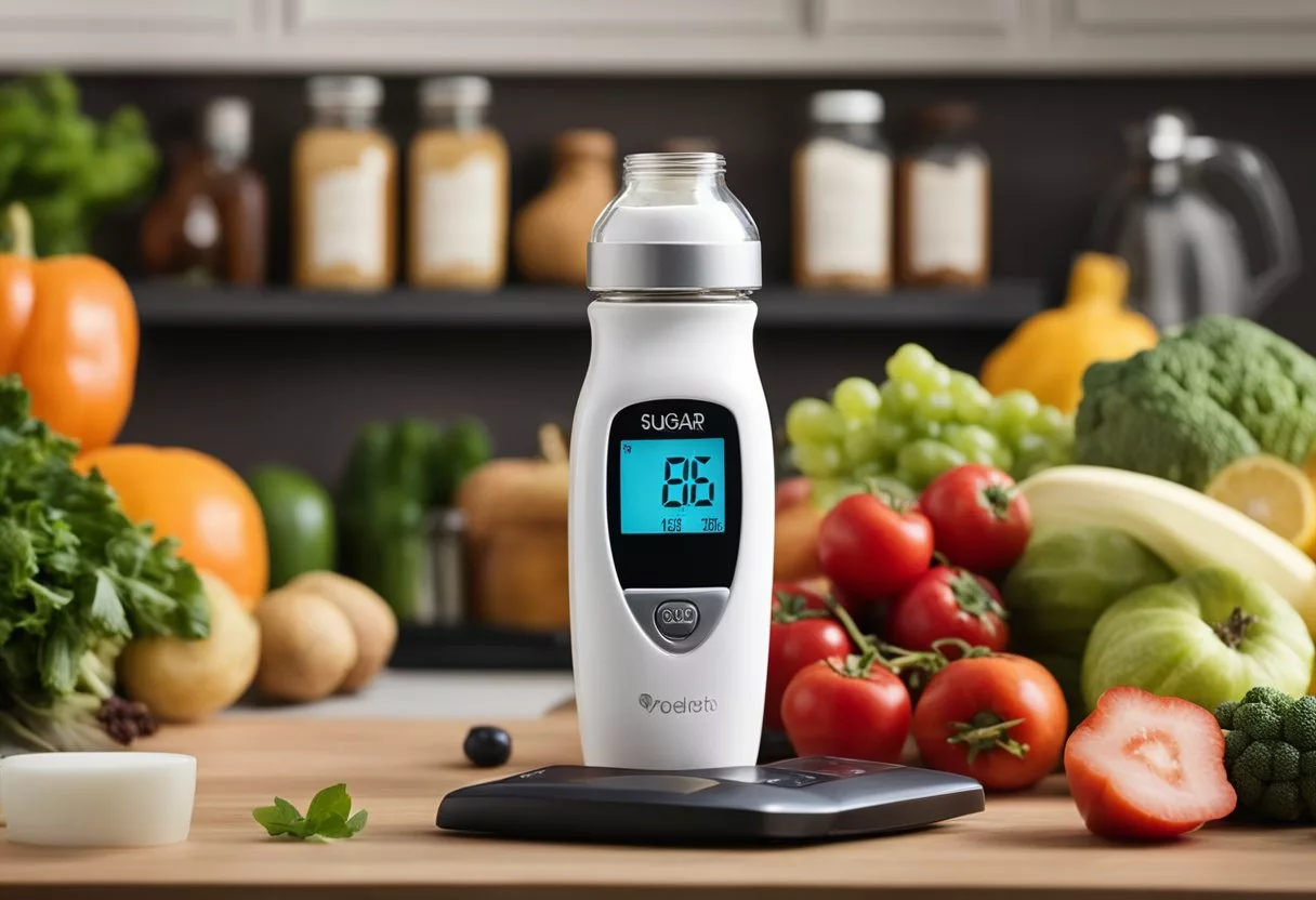 A bottle of Sugar Defender sits on a kitchen counter, surrounded by fresh fruits and vegetables. A blood sugar monitor is nearby, displaying a healthy reading