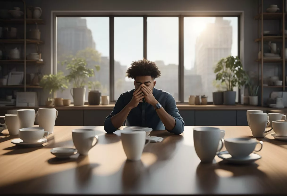 A person sitting at a desk, surrounded by empty coffee cups and yawning while rubbing their eyes