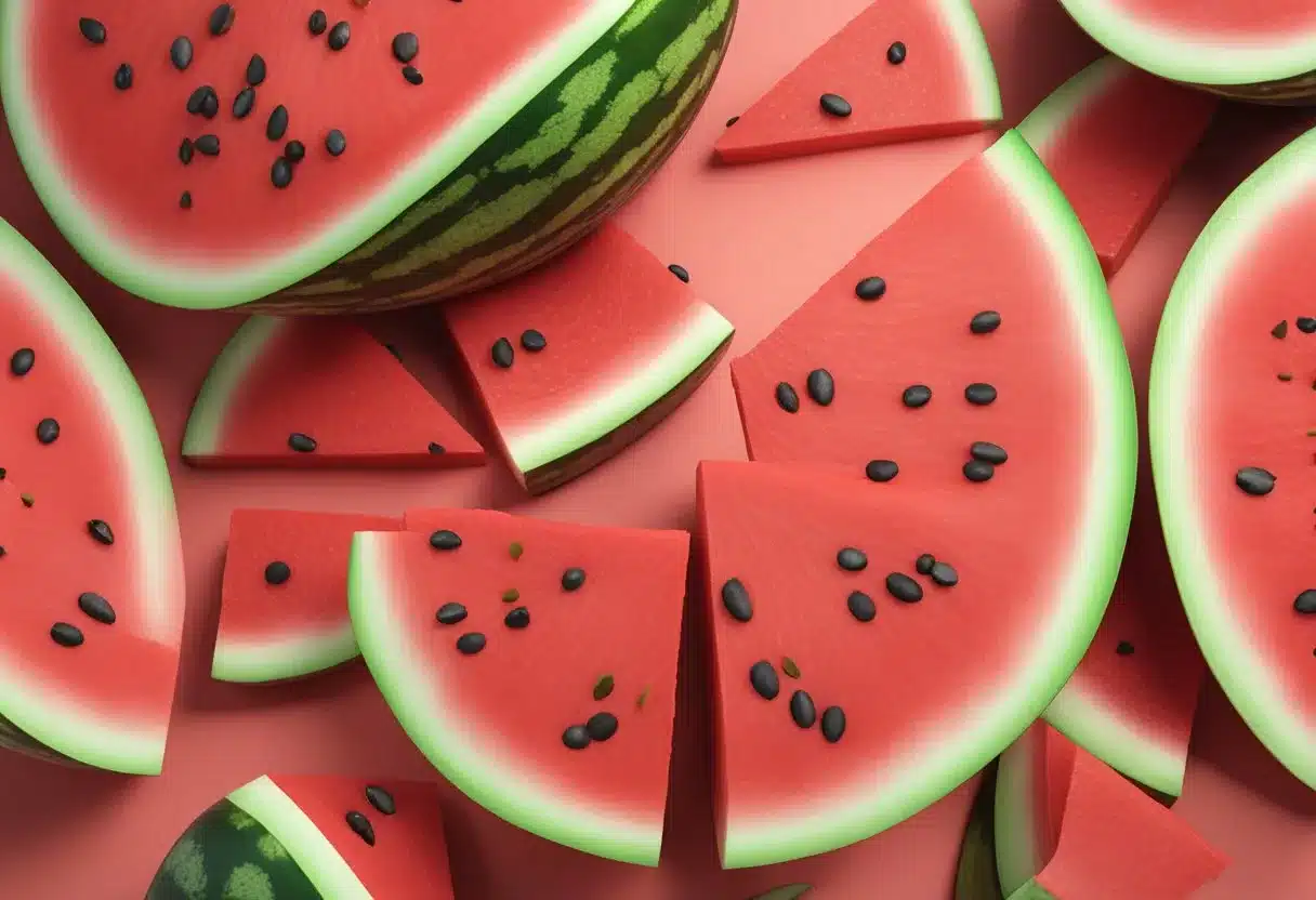 A ripe watermelon with vibrant red flesh and green rind, surrounded by scattered seeds. A nutrition label with key health benefits displayed prominently