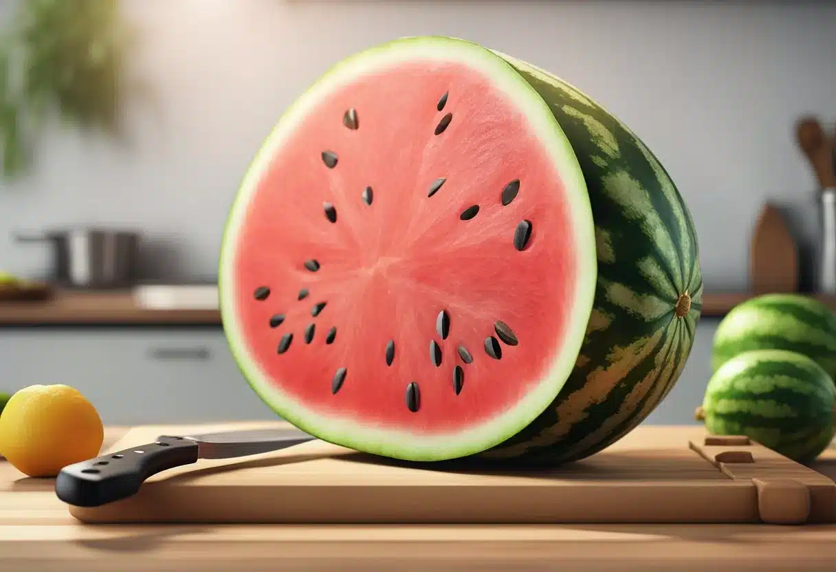 A watermelon being sliced into cubes with a knife, juice dripping onto a cutting board. Seeds scattered around