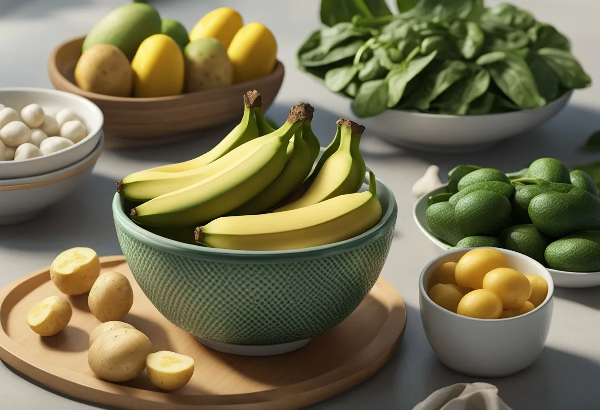A table with bananas, potatoes, spinach, avocados, and beans