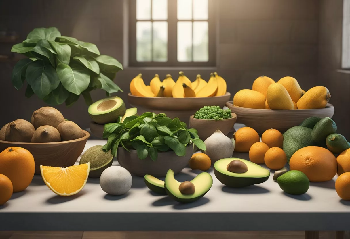 A table with various potassium-rich foods: bananas, sweet potatoes, spinach, avocados, and oranges. A sign reads "Frequently Asked Questions: foods high in potassium."