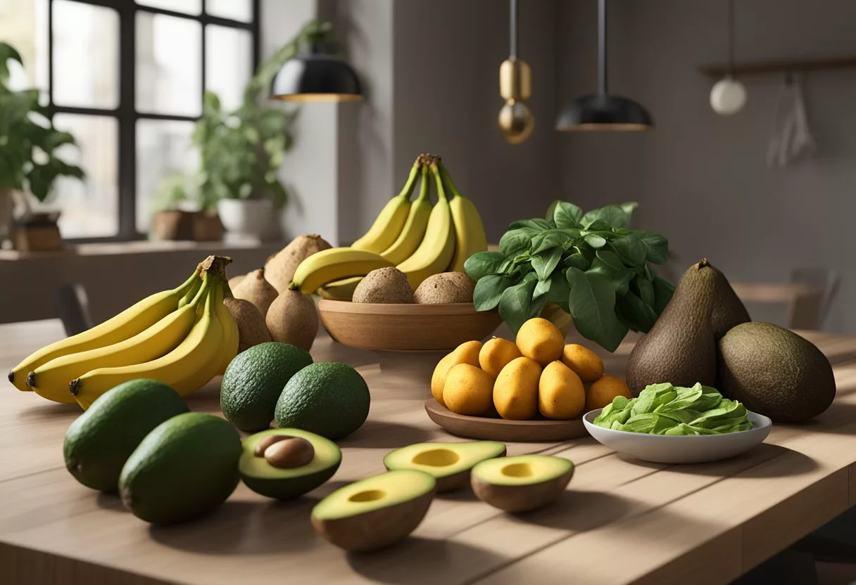 Various high potassium foods arranged on a table: bananas, spinach, sweet potatoes, avocados, and beans