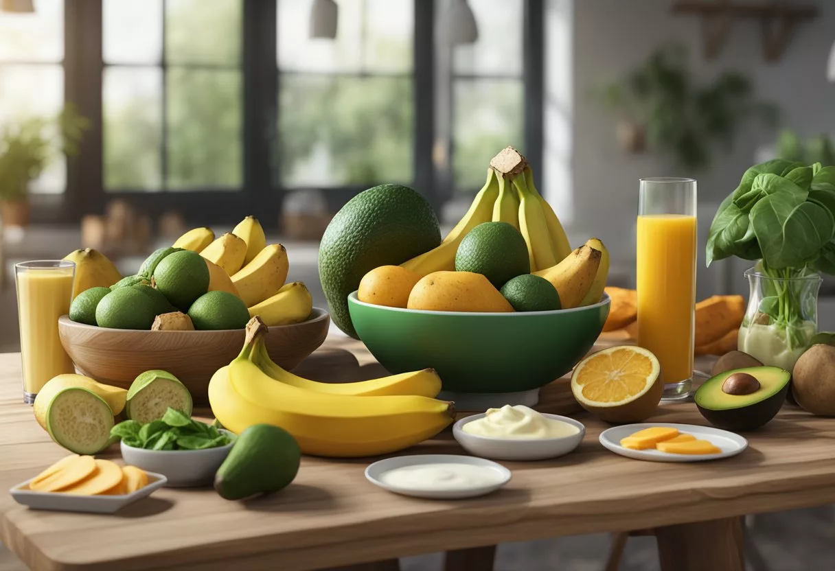 A table with a variety of high potassium foods: bananas, spinach, sweet potatoes, avocados, and yogurt. Bright colors and fresh produce