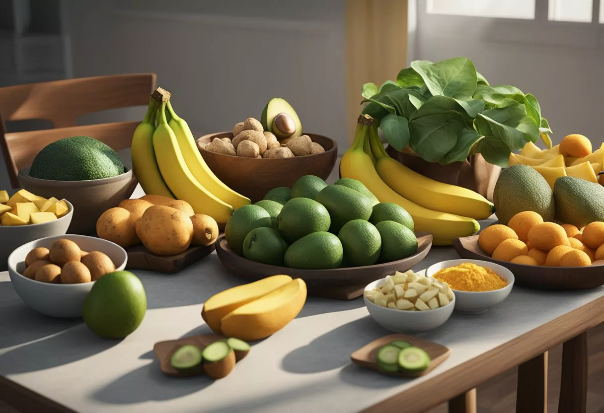A table with a variety of potassium-rich foods, such as bananas, spinach, sweet potatoes, and avocados, displayed in a colorful and appealing manner