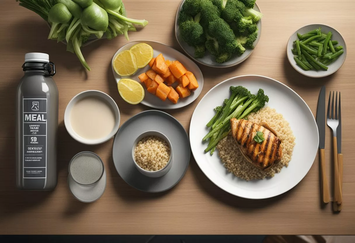 A table set with grilled chicken, steamed vegetables, brown rice, and a protein shake. A meal plan chart and water bottle are nearby