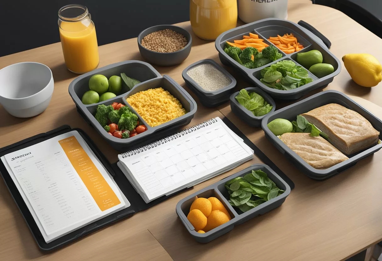 A meal prep station with various healthy ingredients laid out, a calendar with workout schedules, and a notebook with detailed meal plans and nutritional information