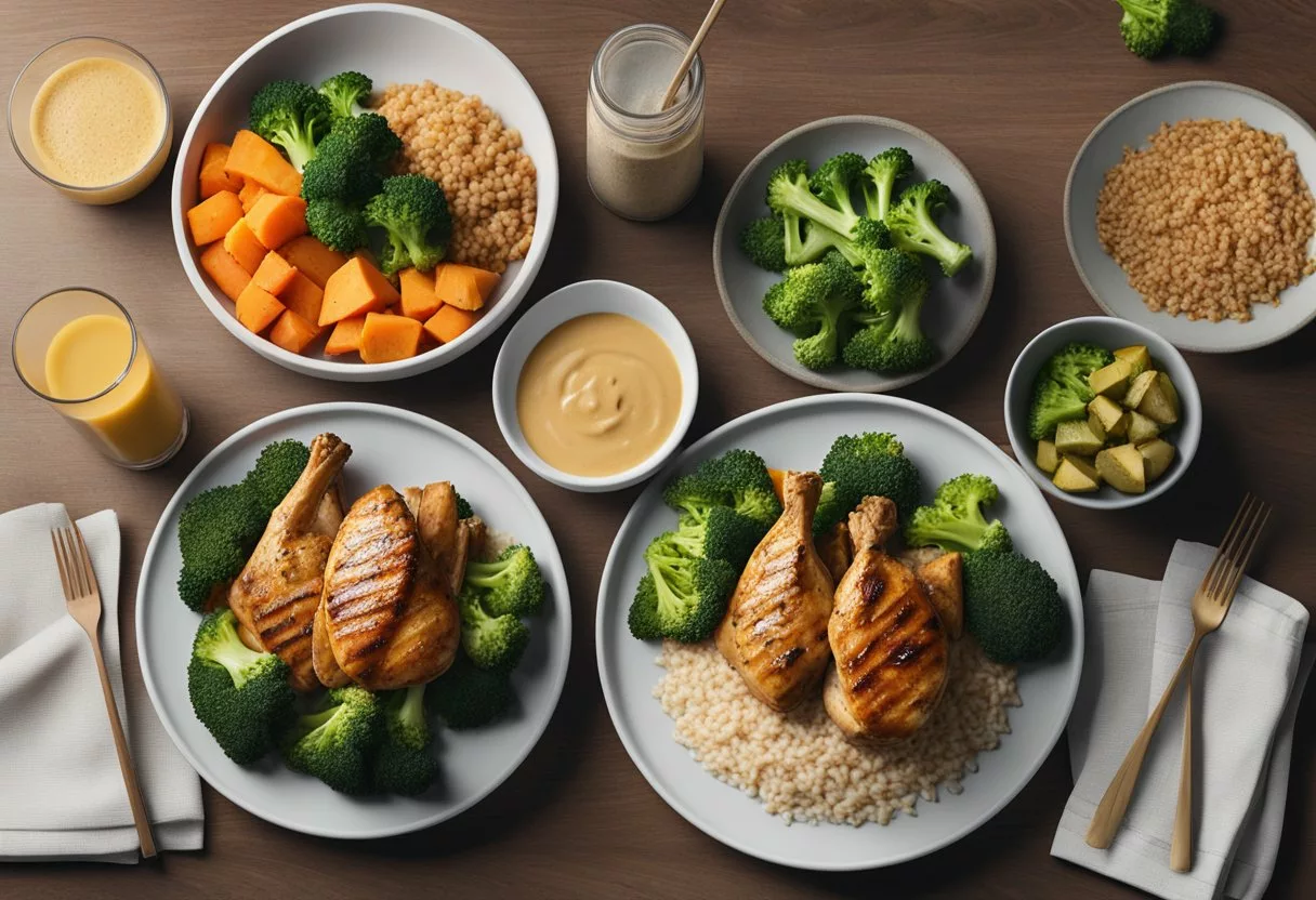 A spread of grilled chicken, brown rice, steamed broccoli, and sweet potatoes arranged on a plate. A protein shake and a bowl of mixed fruits sit nearby