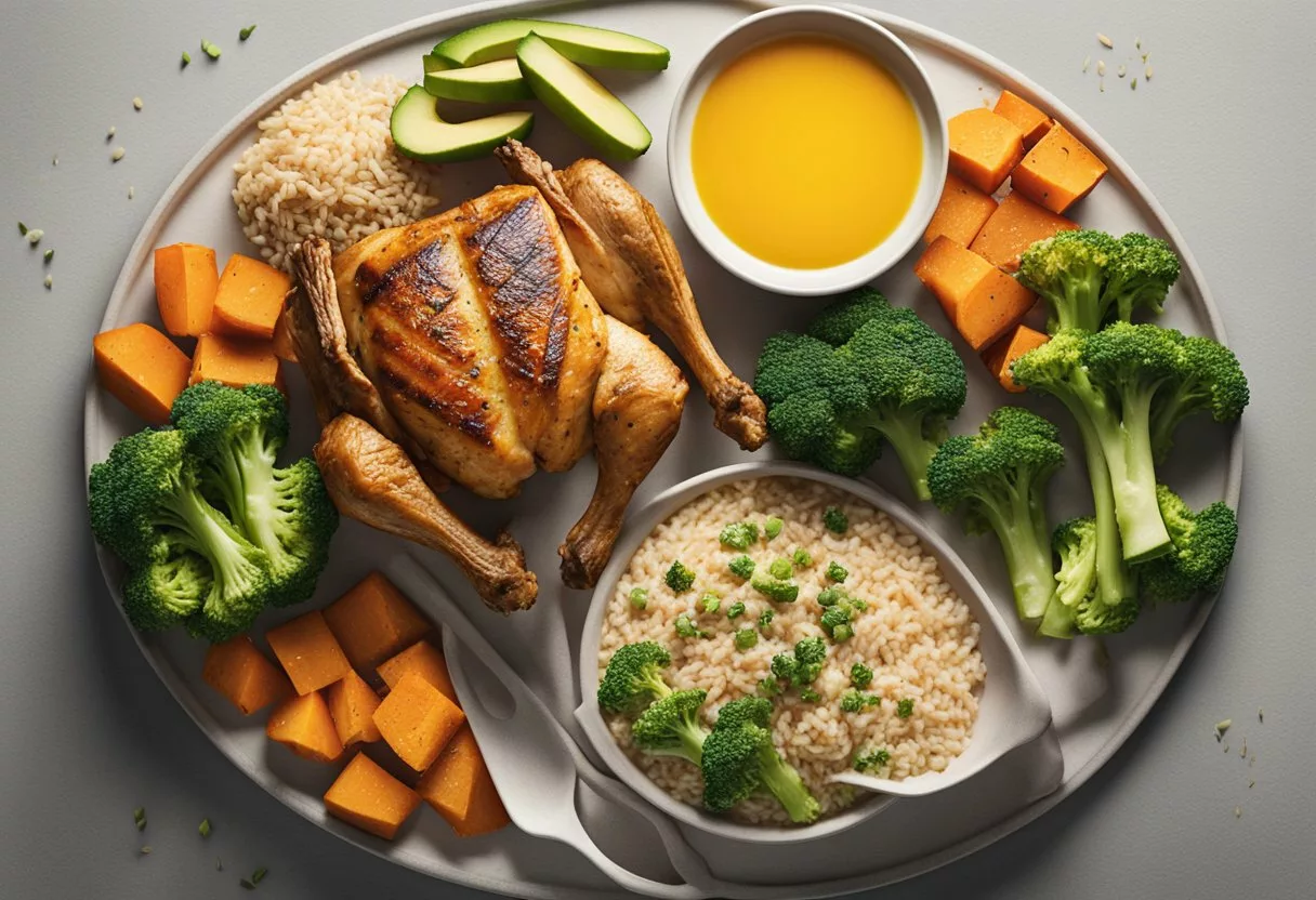 A spread of grilled chicken, steamed broccoli, brown rice, and sweet potatoes, with various protein sources like eggs, fish, and lean beef on the side