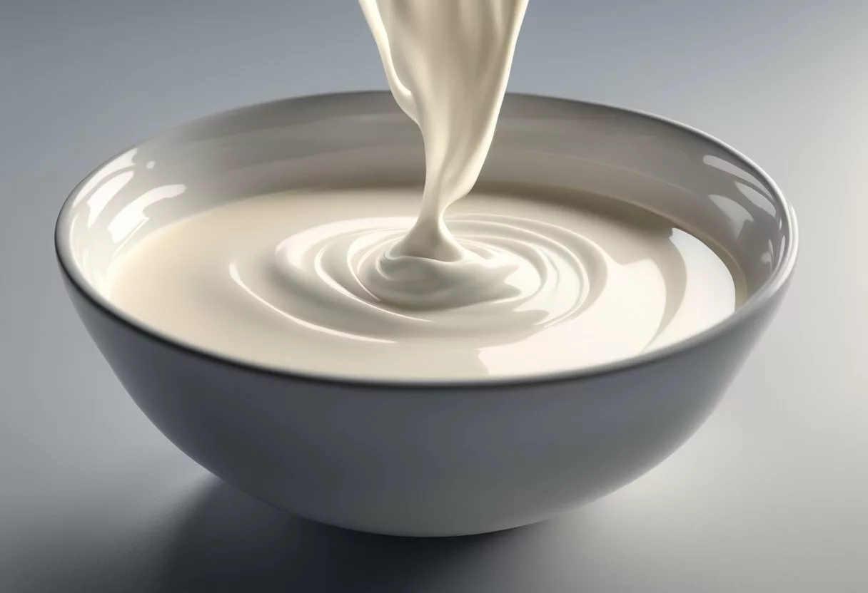 A bowl of milk with a layer of thick cream rising to the top, a whisk nearby, and a label reading "Heavy Cream."