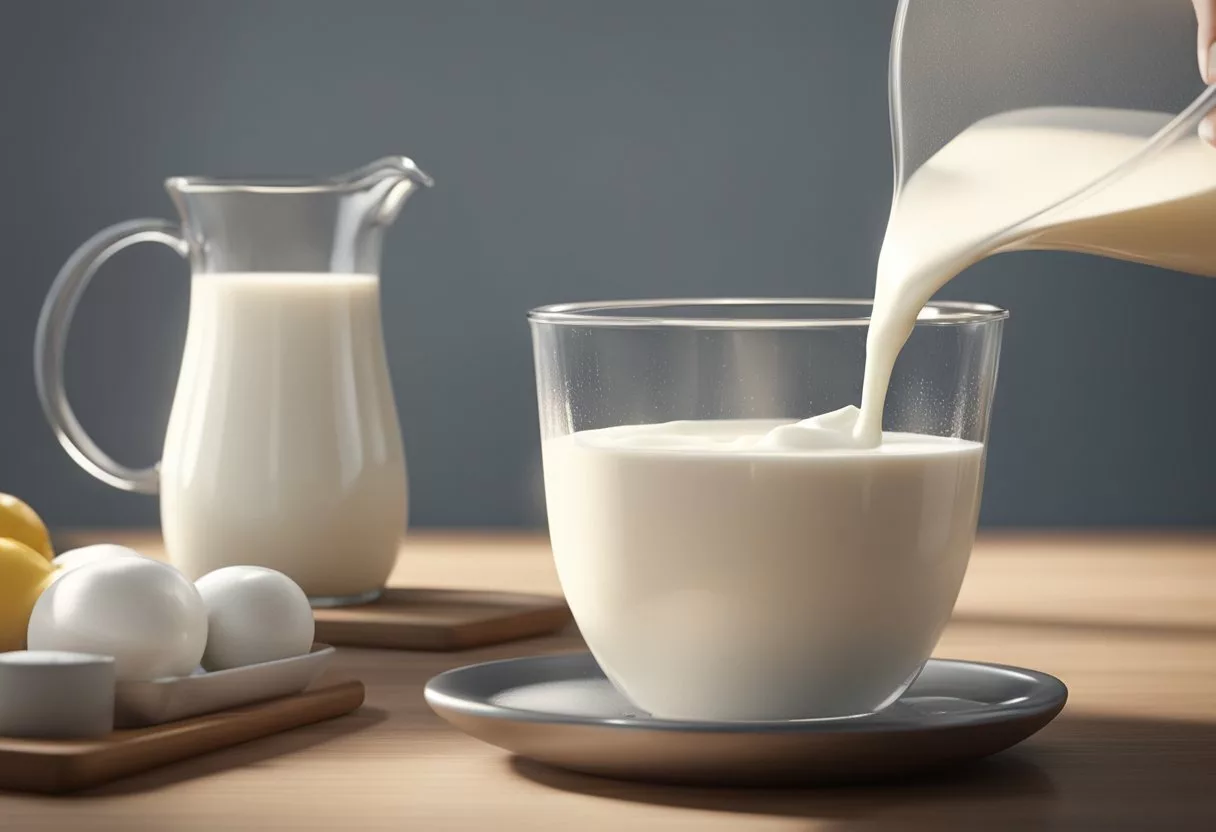 A bowl of milk being poured into a measuring cup, followed by a close-up of a whisk mixing the milk until it thickens into heavy cream