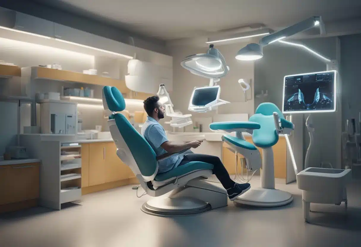 A person sitting in a dentist's chair, pointing to a painful mouth sore. The dentist examines the sore with a bright light