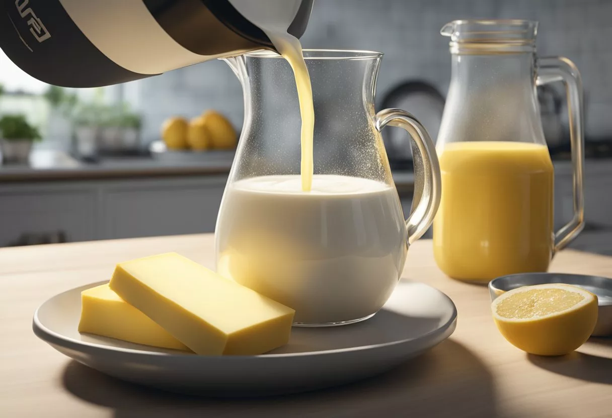 A pitcher pouring milk into a bowl of butter, with a whisk beside it