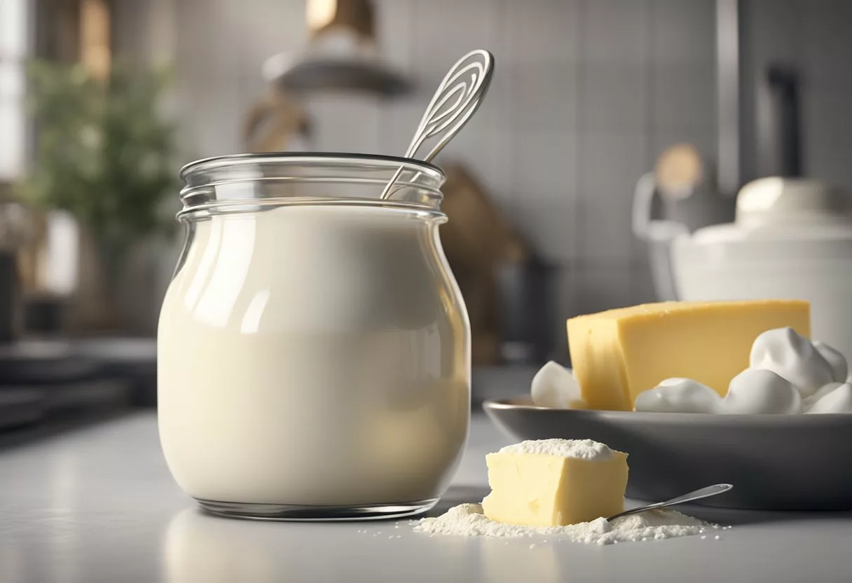 A bowl of milk with a layer of cream on top, a whisk and a jar of homemade butter in the background