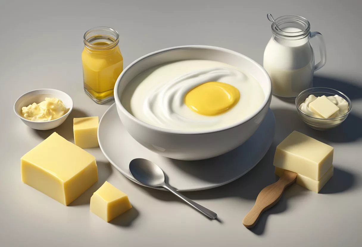 A bowl of milk and melted butter with a whisk, surrounded by containers of milk, butter, and oil