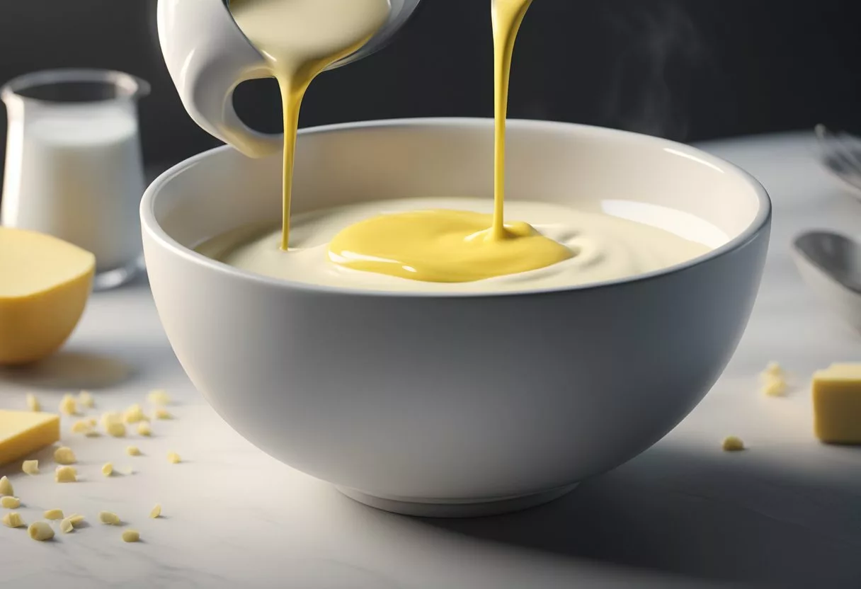 A mixing bowl with milk and butter being whisked together to create homemade heavy cream