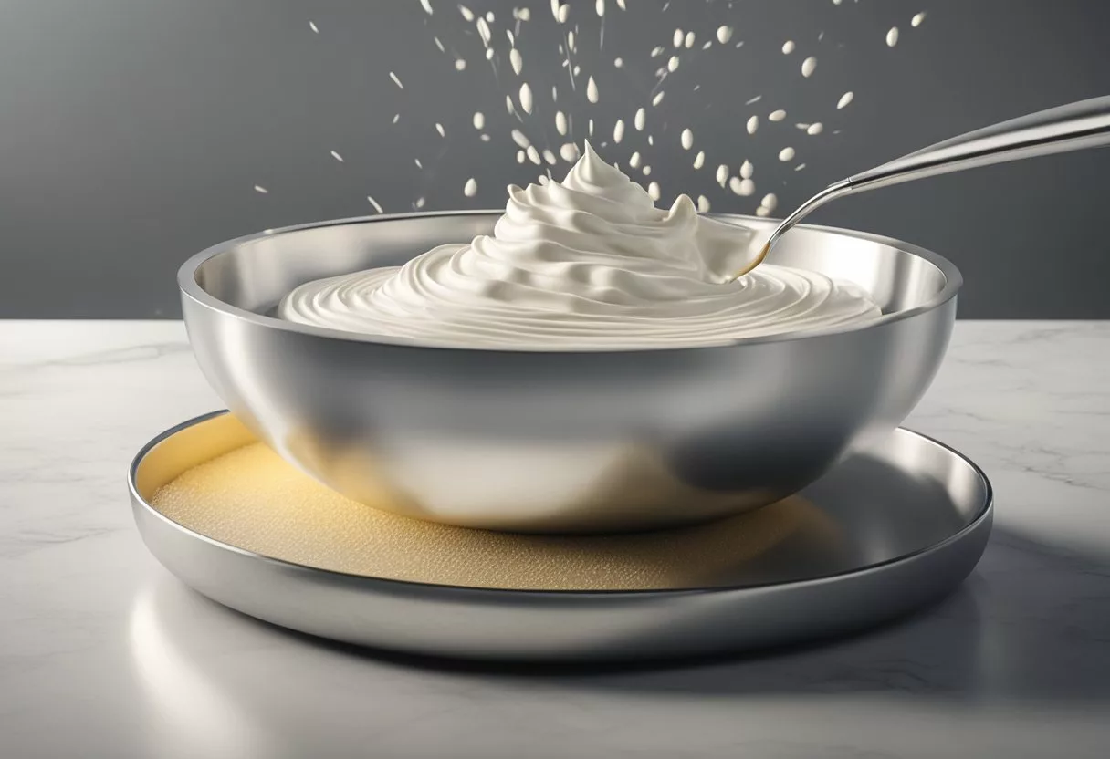 A stainless steel bowl filled with cold heavy cream being whipped vigorously with an electric mixer until it forms stiff peaks