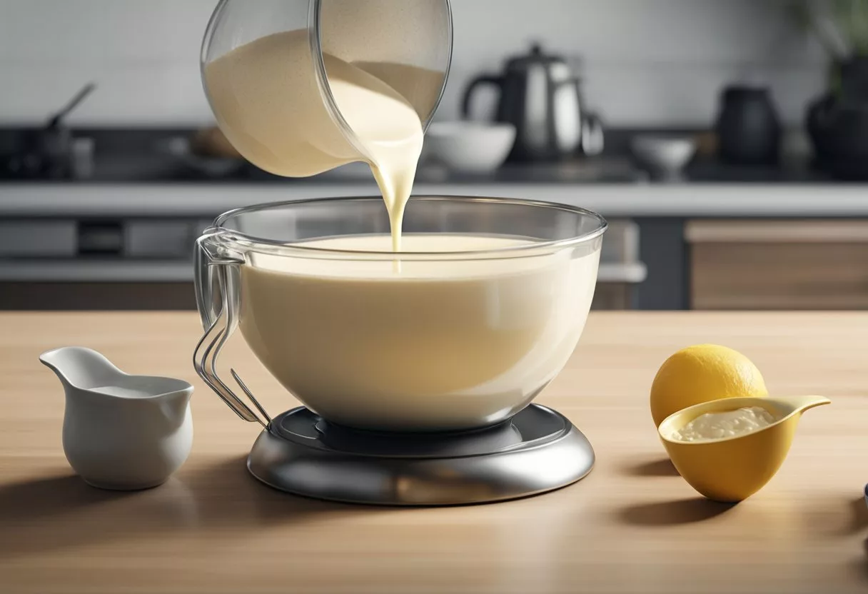 A measuring cup pours heavy cream into a mixing bowl, followed by a whisk blending the cream until it thickens