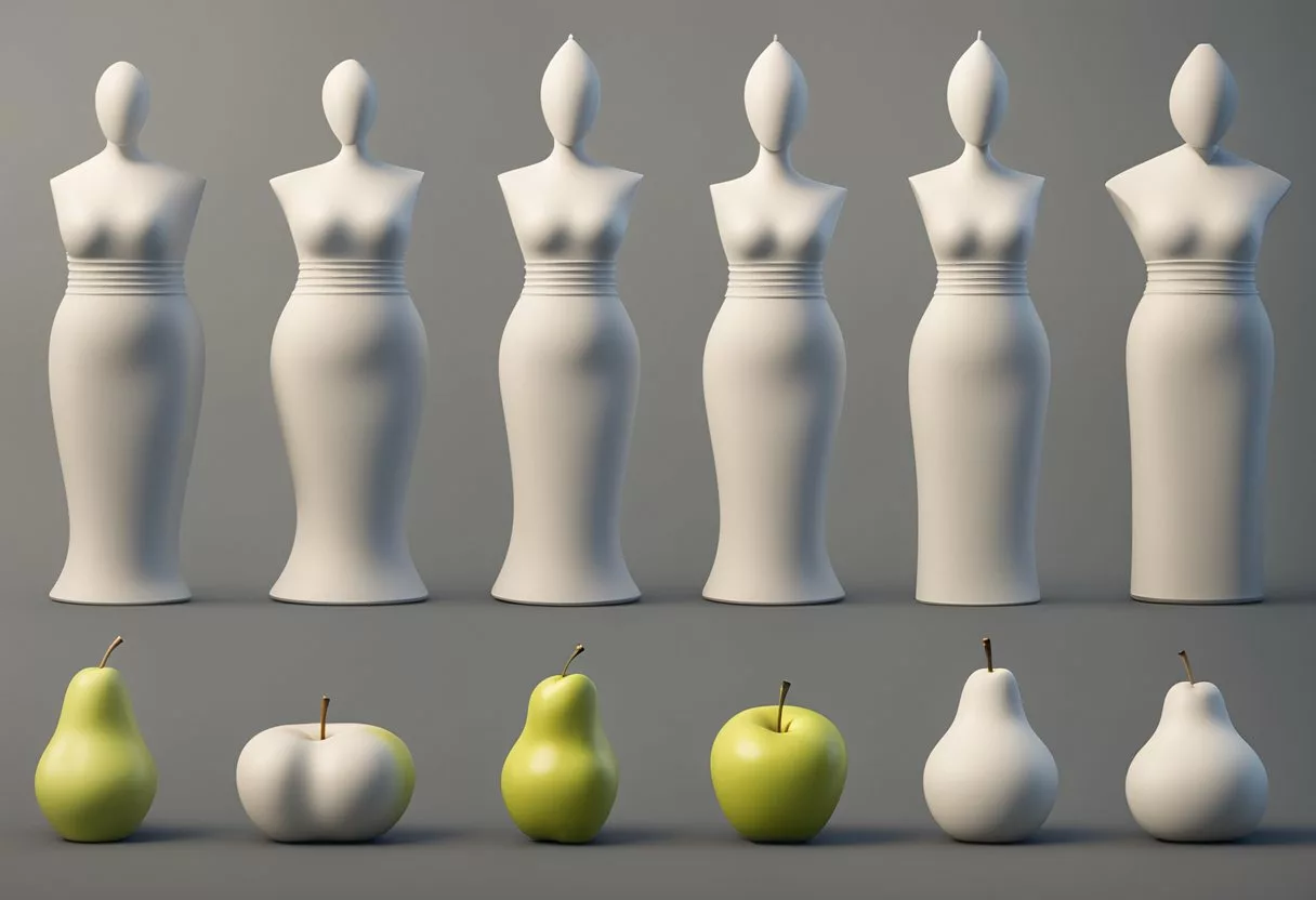 A variety of body shapes: pear, apple, hourglass, rectangle, and triangle, with distinct proportions and curves