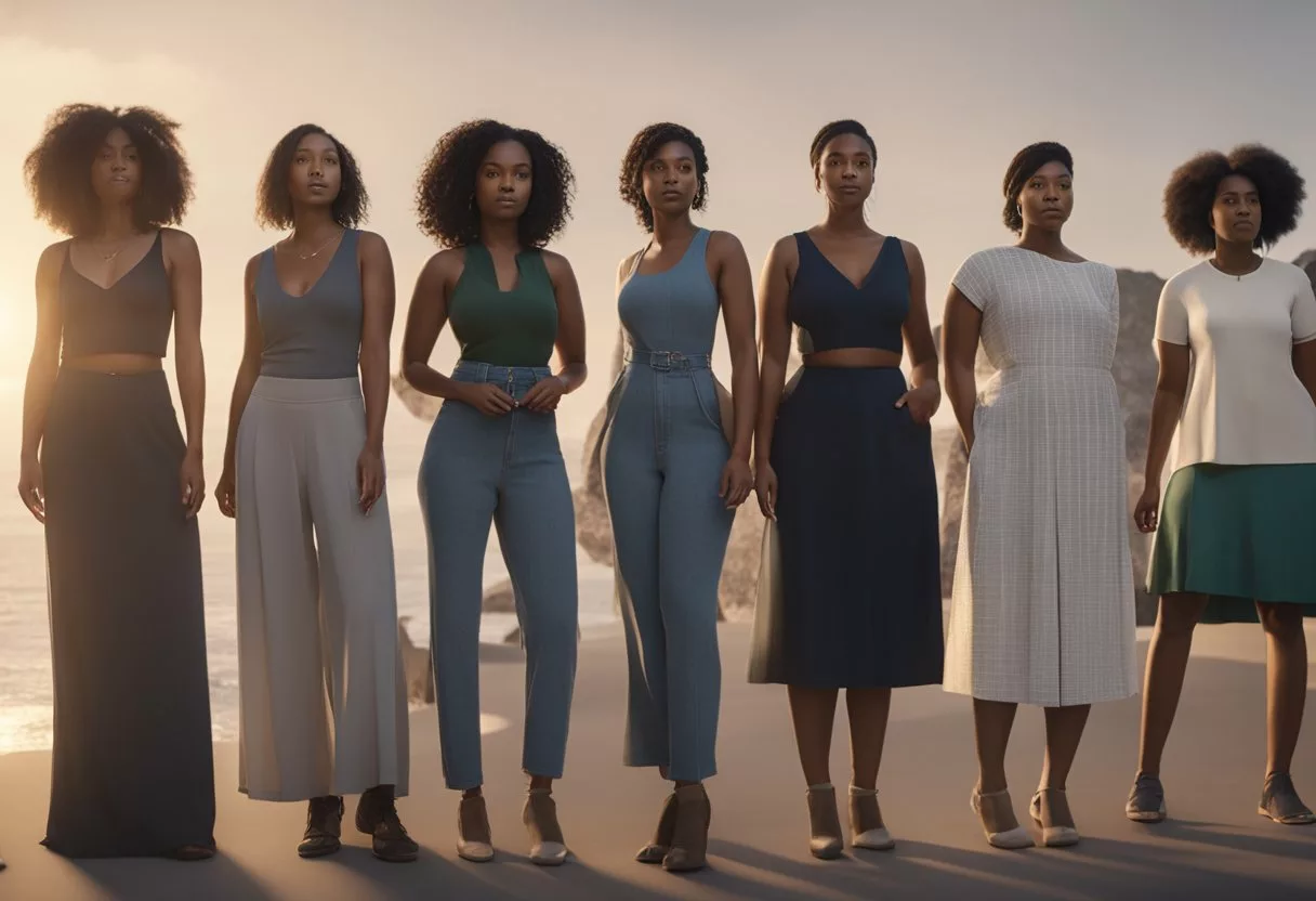 A diverse group of women stand side by side, showcasing different body shapes and measurements. Their silhouettes vary, representing various body types