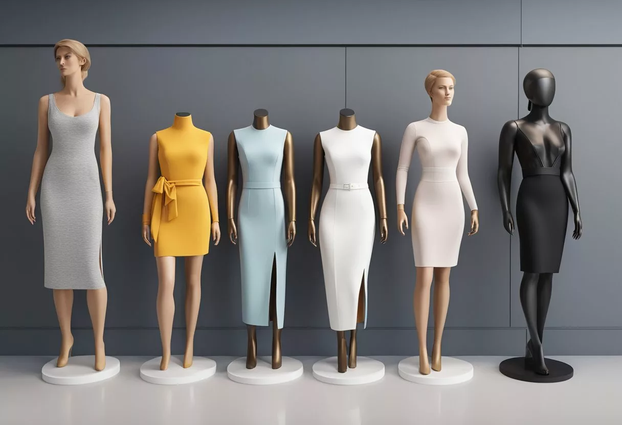 A variety of women's body shapes with different fashion styles displayed on mannequins